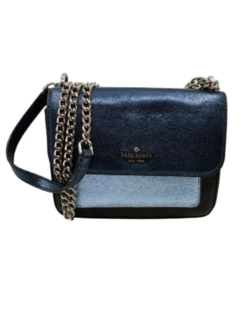 KATE SPADE~Remi Tricolor Metallic Leather Flap Chain Crossbody Bag~NAVY ICY BLUE